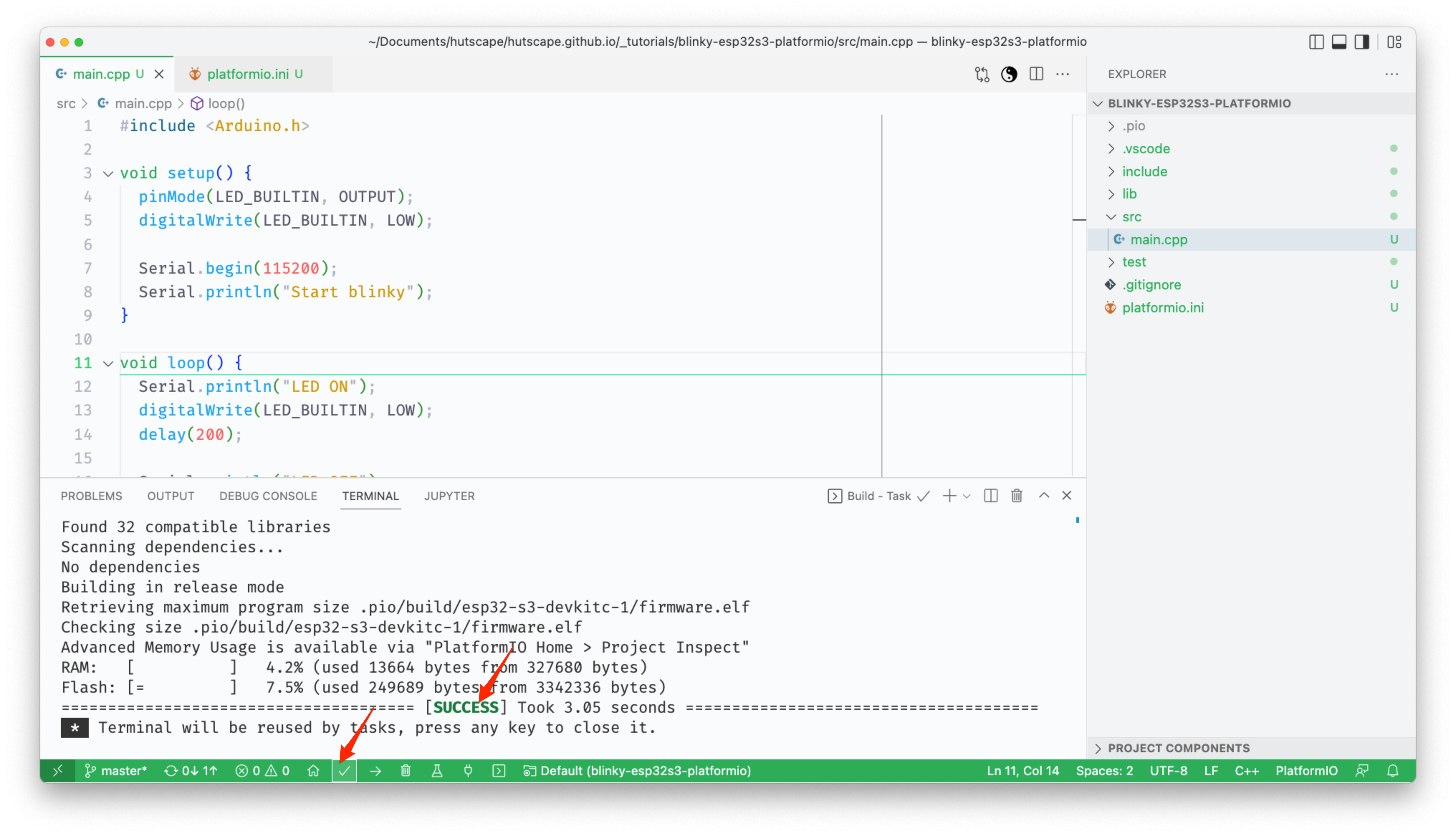 Hutscape Tutorials Blinky With PlatformIO VS Code On ESP32 S3